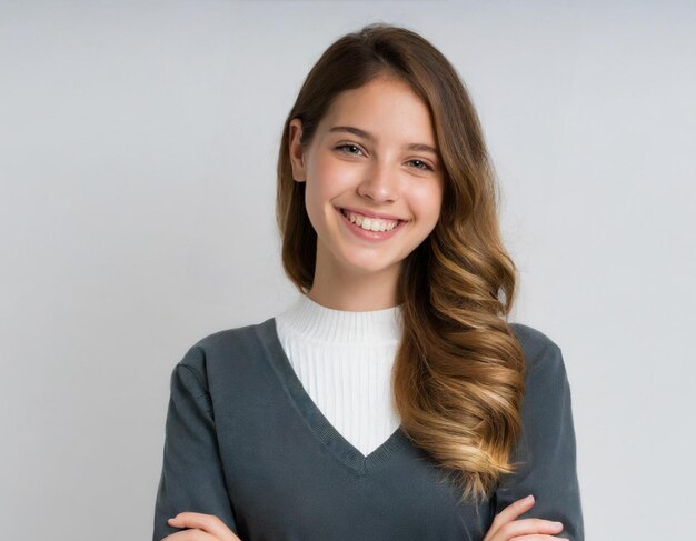 Photo smiling cute beautiful young woman cheerful beauty standing with arms crossed