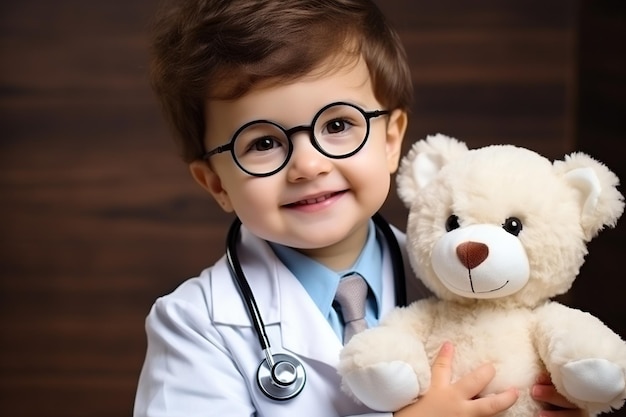 Smiling cute boy wearing glasses and white coat uniform with stethoscope pretending doctor looking at camera playing with fluffy toy patient children healthcare