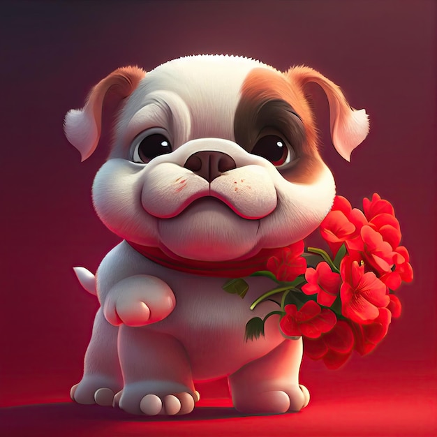 Smiling cute bulldog holding bouquet in colorful flower isolate warm background
