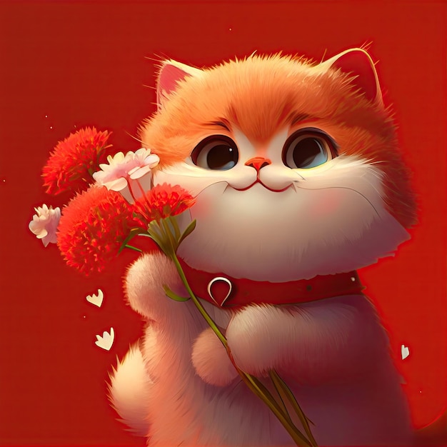 Smiling cute cat holding bouquet in colorful flowers isolated warm background