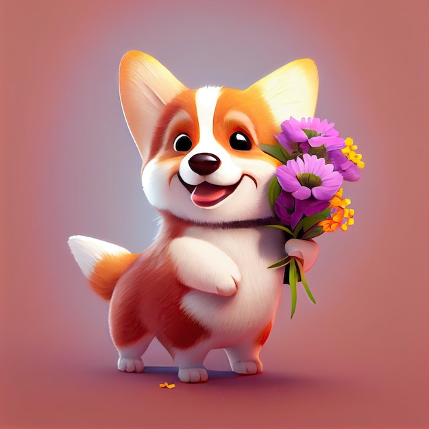 Smiling cute corgi holding bouquet in colorful flowers isolated warm background