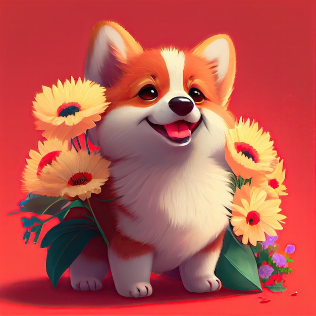 Smiling cute corgi holding bouquet in colorful flowers isolated warm background