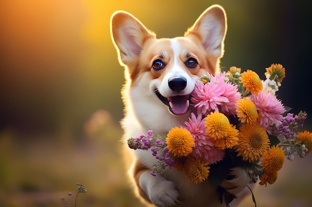 Smiling cute corgi holding bouquet in colorful