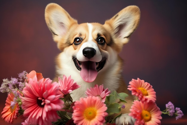Smiling cute corgi holding bouquet in colorful