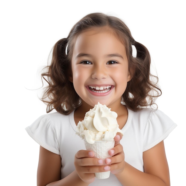 Smiling cute girl eating ice cream isolated on white or transparent background AI Generated