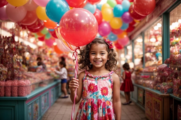 Photo smiling cute little girl holding balloons at candy shop