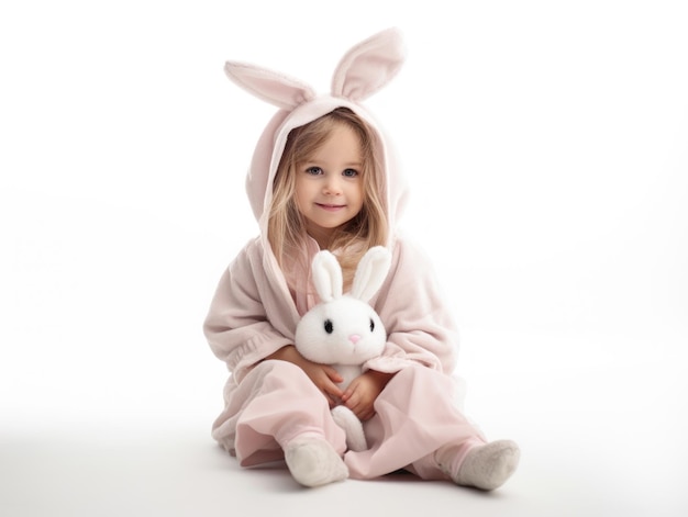 Smiling cute little girl wearing bunny costume on Easter day isolated on white background