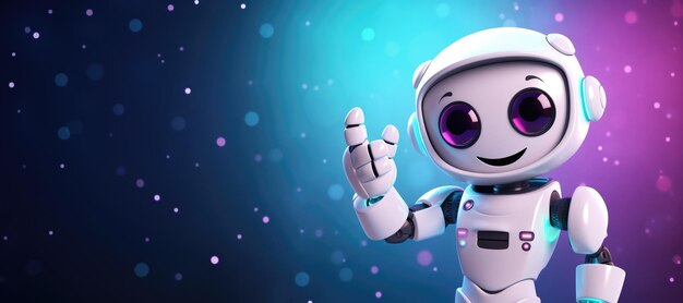 Smiling cute little robot with big eyes indicating at pastel gradient background