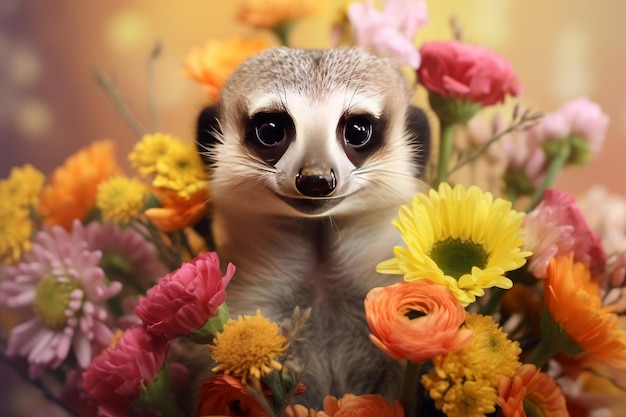 Smiling cute meerkat holding bouquet in colorfu