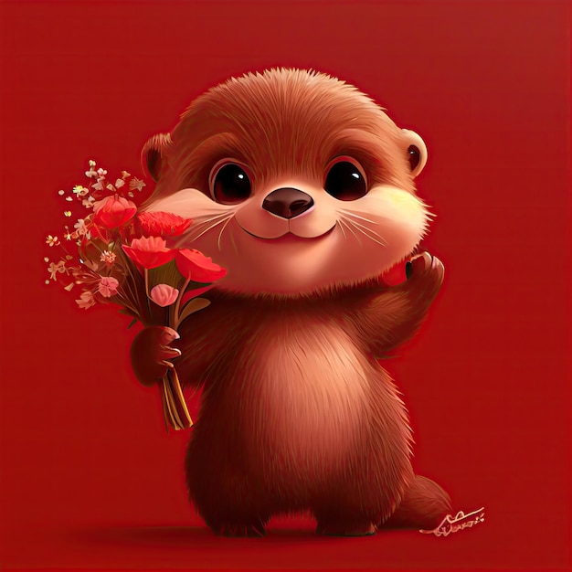 Smiling cute otter holding bouquet in colorful flower isolate warm background