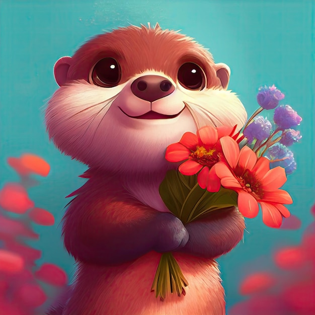 화려한 꽃 격리 따뜻한 배경에 꽃다발을 들고 웃는 귀여운 수달