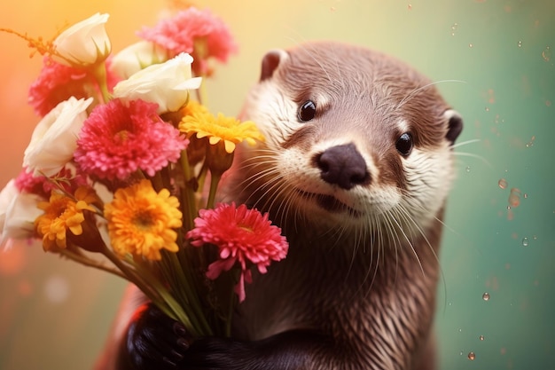 Smiling cute otter holding bouquet in colorful