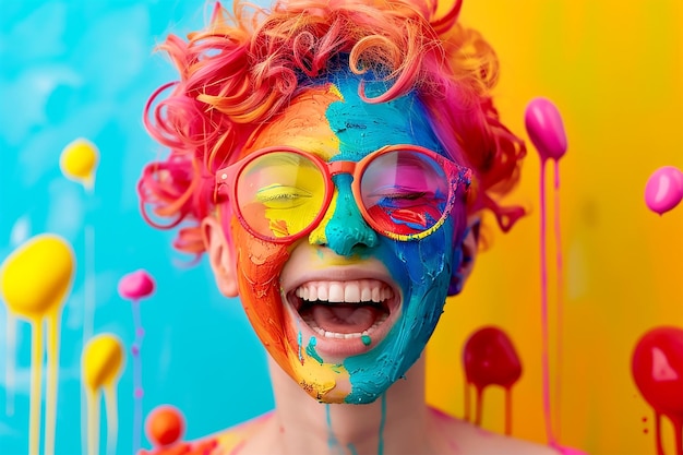 Smiling cute red haire girl with red glasses and a painted face