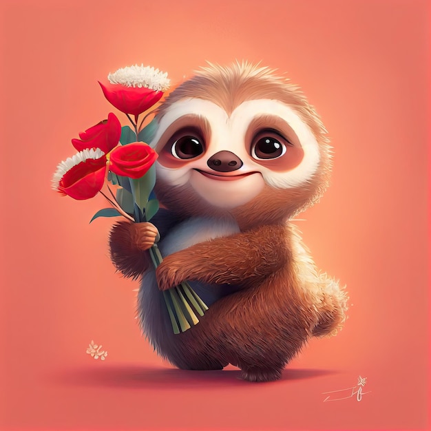 Smiling cute sloth holding bouquet in colorful flowers isolated warm background