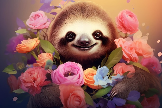 Smiling cute sloth holding bouquet in colorful