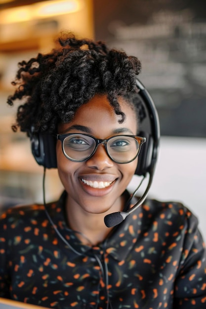 Smiling darkskinned african american woman wearing headphones and microphone