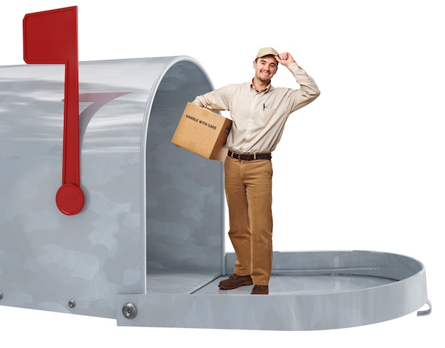 Smiling delivery man in 3d metal classic letter box
