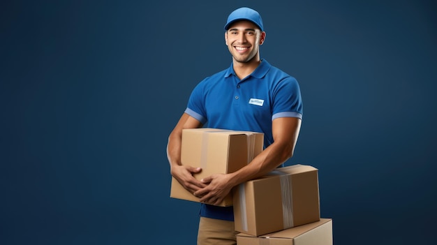 파란 유니폼 과 모자 를 입은 미소 짓는 배달 남자 가 배달 을 위해 준비 되어 있는 포장 된 상자 들 의  ⁇  에 자신 있게 서 있다