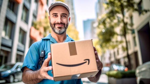 Smiling delivery man holding Amazon prime cardbox parcel box looking at camera