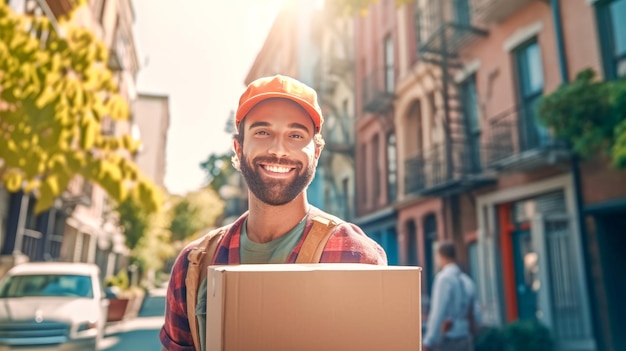 Smiling delivery man holding cardbox parcel box looking at camera blurred street background