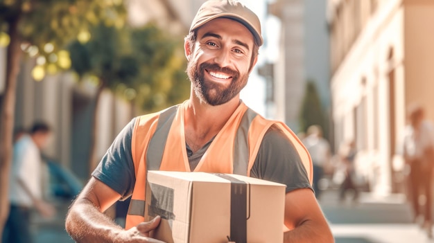 Smiling delivery man holding cardbox parcel box looking at camera blurred street background