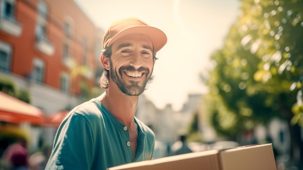 Smiling delivery man holding cardbox parcel box looking at camera