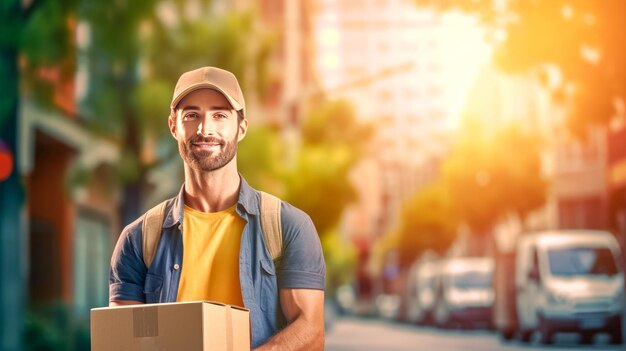 Photo smiling delivery man holding cardbox parcel box looking at camera