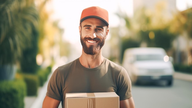 Photo smiling delivery man holding cardbox parcel box looking at camera