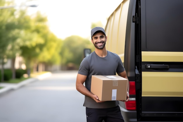 Smiling delivery man holding parcel box in front of his van car