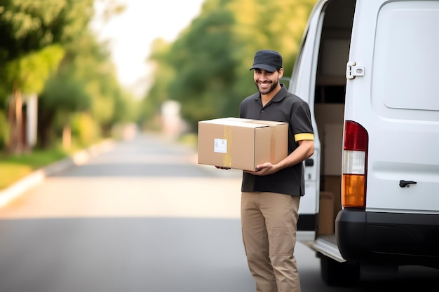 Photo smiling delivery man holding parcel box in front of his van car