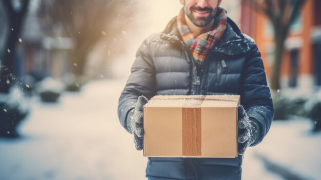 Photo smiling delivery man holding parcel box looking at camera blurred winter street background christmas