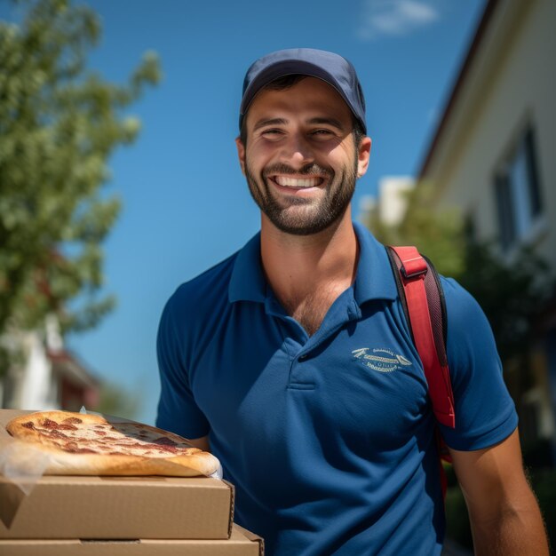 Smiling delivery man holding pizza boxes