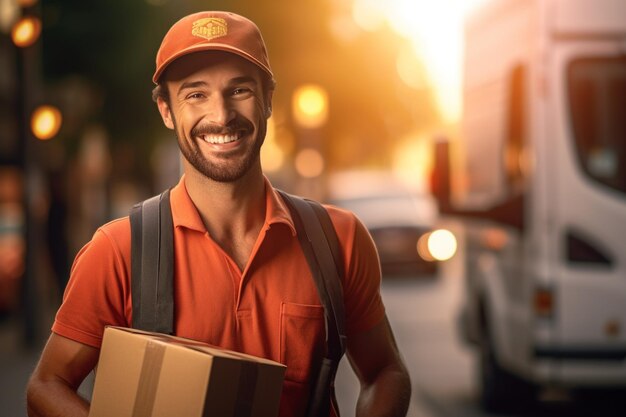 Smiling delivery man is holding a package outside a delivery van with Generative AI