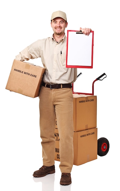 Smiling delivery man isolated on white