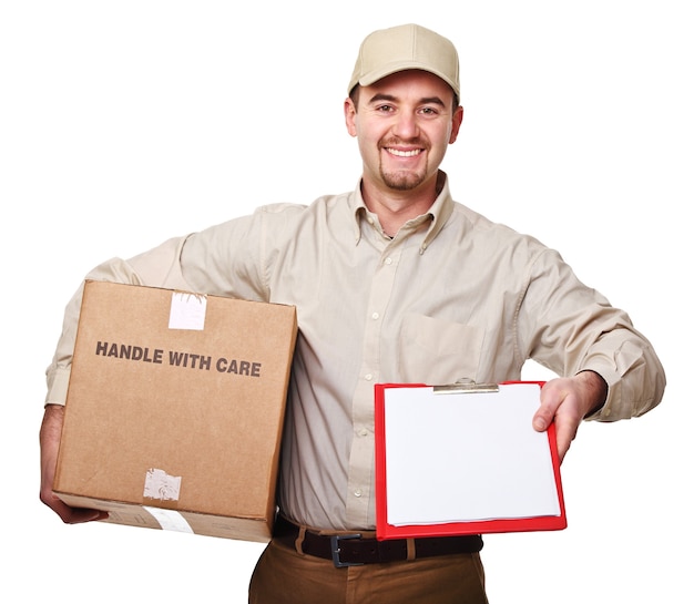 Smiling delivery man isolated