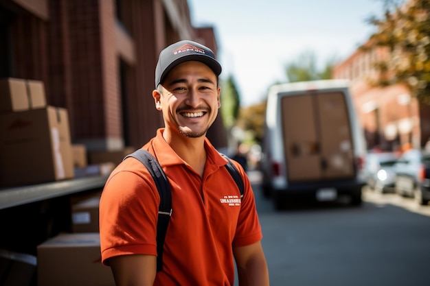 Smiling Delivery Man Posing in Front of Delivery Truck