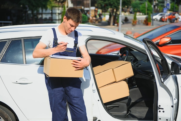 Smiling delivery man standing in front of his car