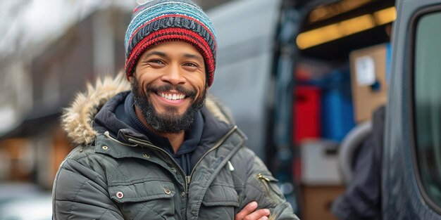 Photo smiling delivery man standing in front of his van