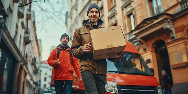 Smiling delivery man standing in front of his van