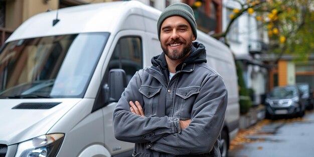 Smiling delivery man standing in front of his van