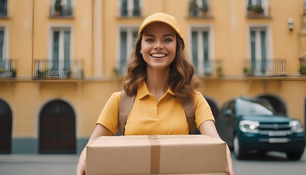 Photo smiling delivery woman in yellow uniform holding cardboard box and looking at camera