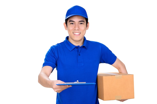 Smiling deliveryman giving clipboard