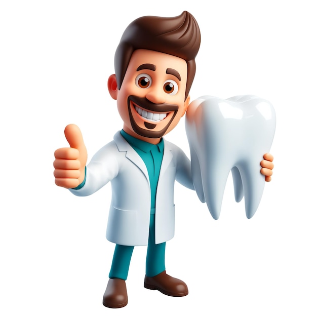 Улыбающийся персонаж стоматолога, держащий зуб, показывающий большой палец вверх, изолированный 3D-стиль, генеративный ИИ