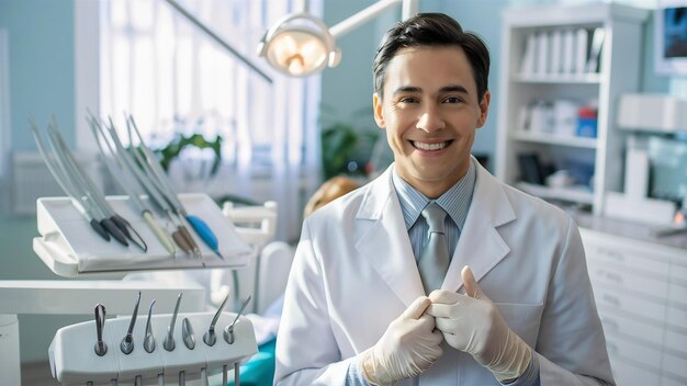 写真 白いコートを着た笑顔の歯医者