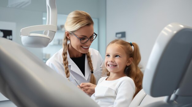 웃는 치과 의사 와 작은 아이 가 치과 클리닉 의 약속 을 받고 있다