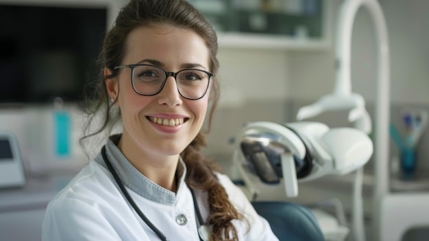 Smiling dentist in white coat poses confidently in a modern dental clinic