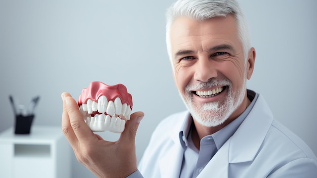 Photo smiling dentist with dental model showing tooth model on blurred background