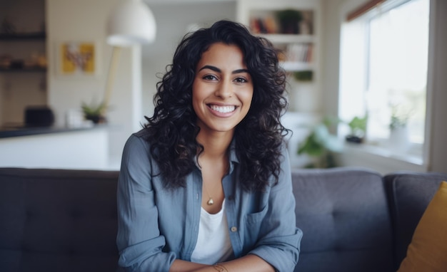 Smiling diverse businesswoman at her home