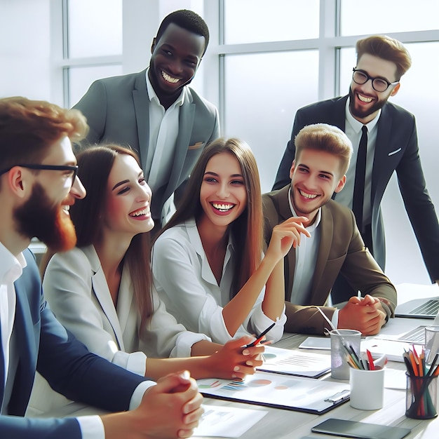 Smiling diverse colleagues gather in boardroom brainstorm discuss financial statistics together