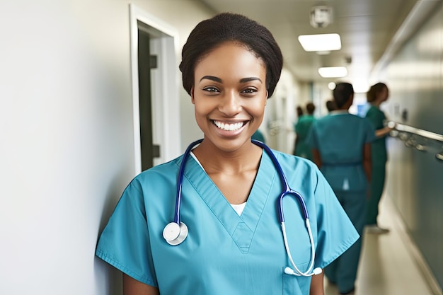 Photo smiling doctor wearing scrubs surgeon woman in hospital corridor doctor with stethoscope and digital tablet generative ai illustration